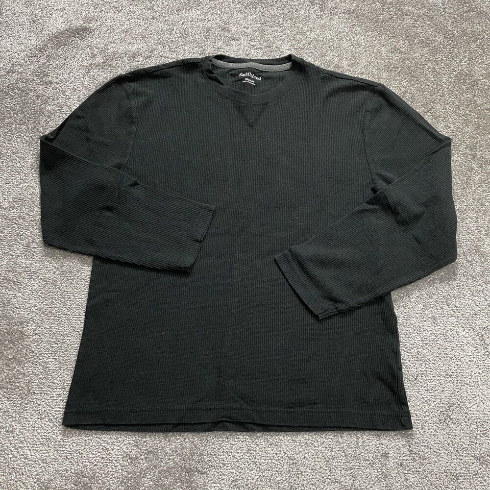 Saddlebred Shirt Mens Medium Black Long Sleeve Tee Solid Crew Neck Soft Waffle